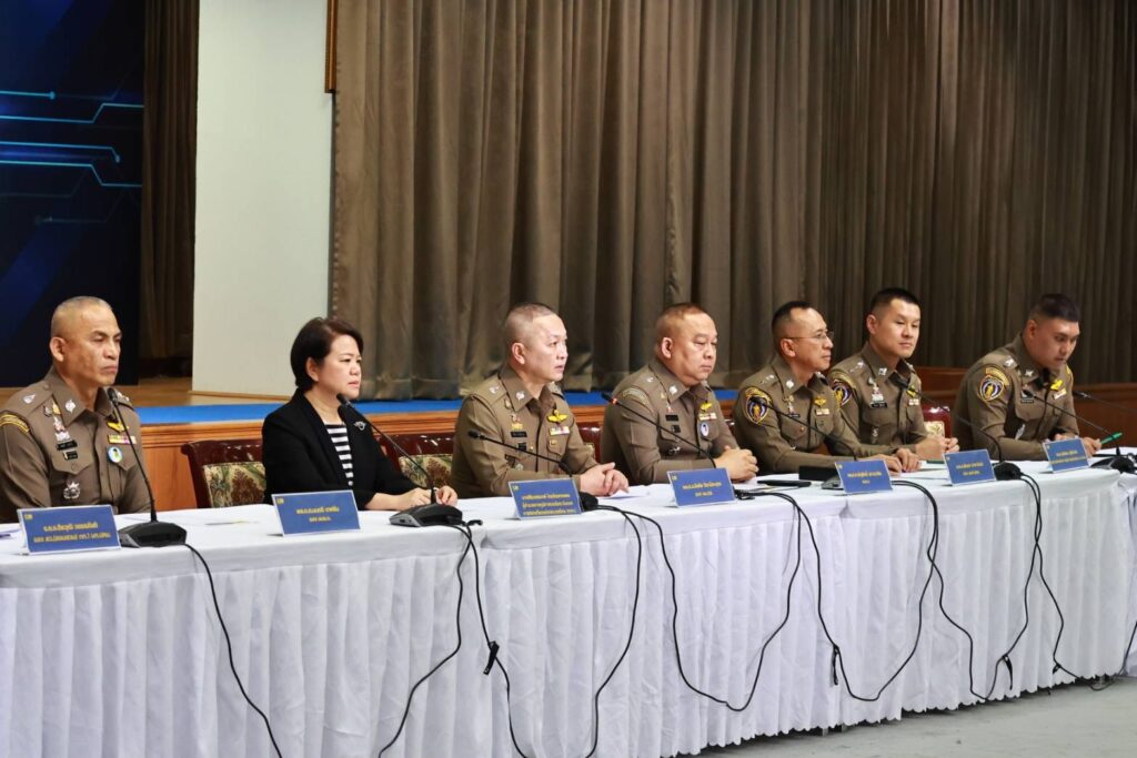 Royal Thai Police and investigation teams at press conference on virtual kidnapping case