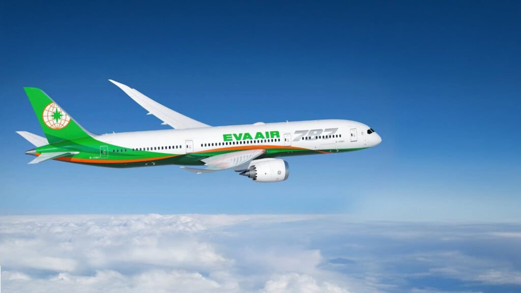 EVA Air Boeing 787-9 Dreamliner in flight, highlighting the new Washington DC–Taipei service and expanded North America access to Thailand.