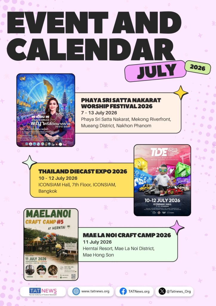 Thailand July 2026 calendar featuring Phaya Sri Satta Nakarat Worship Festival, Thailand Diecast Expo, and Mae La Noi Craft Camp.