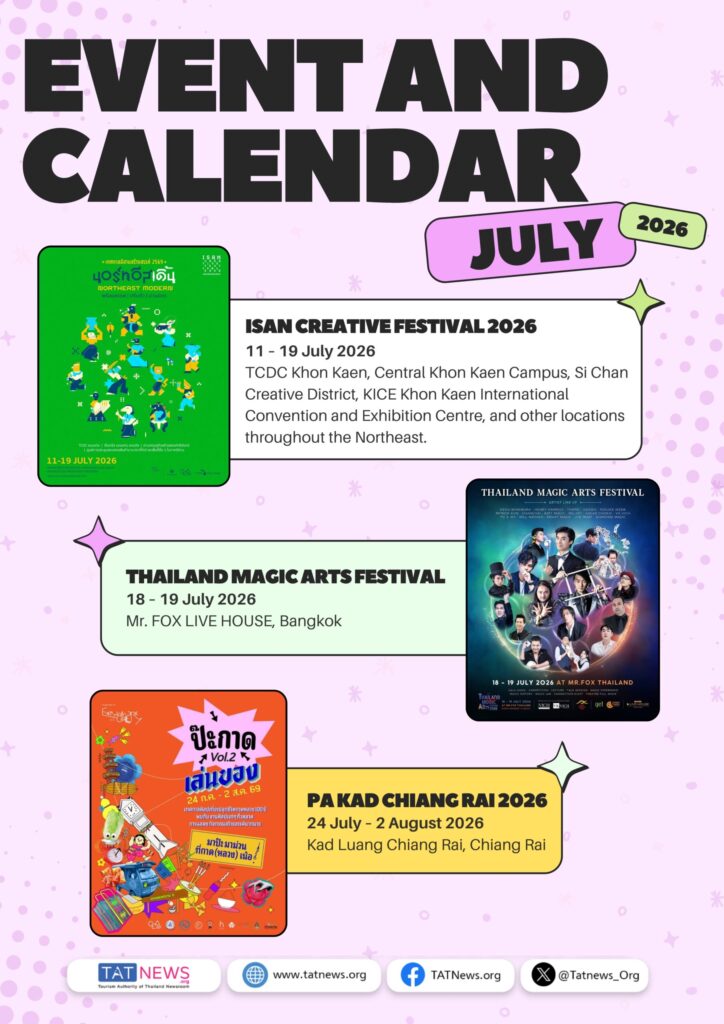 Thailand July 2026 events featuring Isan Creative Festival, Thailand Magic Arts Festival, and Pa Kad Chiang Rai community arts festival.