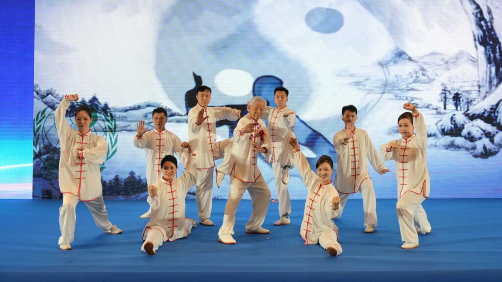 Chinese martial arts performers showcase Tai Chi movements at the International Tai Chi Development Conference.
