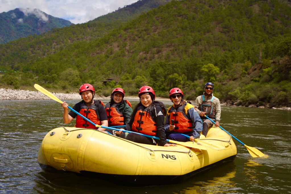 Thai media and tourism operators join a rafting experience on the Mo Chhu in Bhutan.