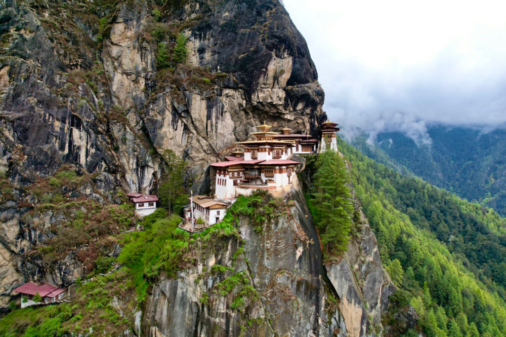 Taktsang Monastery, or Tiger’s Nest, stands on a cliffside in Bhutan.