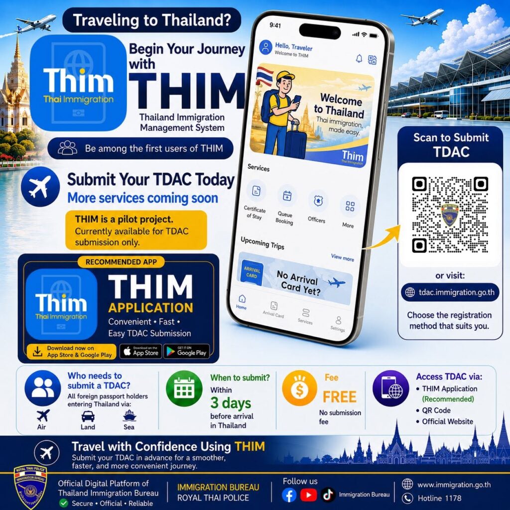 THIM Thailand Immigration Management app promoting TDAC submission for foreign travellers visiting Thailand via air, land, and sea.