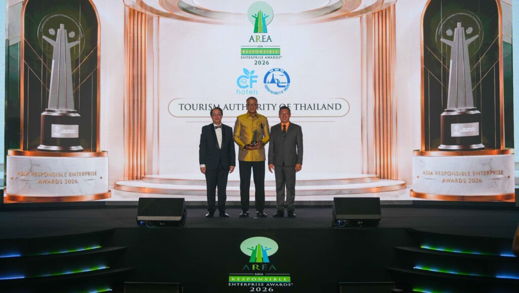 TAT representatives on stage with the CF-Hotels award at the Asia Responsible Enterprise Awards 2026 ceremony.