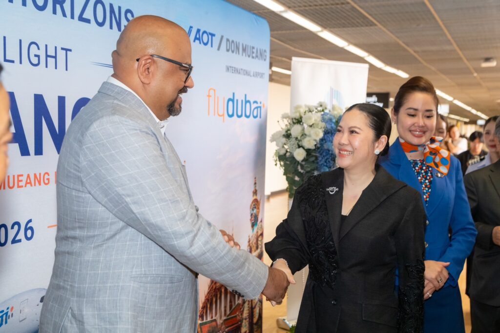 TAT, flydubai, and Don Mueang representatives gather for the inaugural Dubai–Bangkok flight celebration.