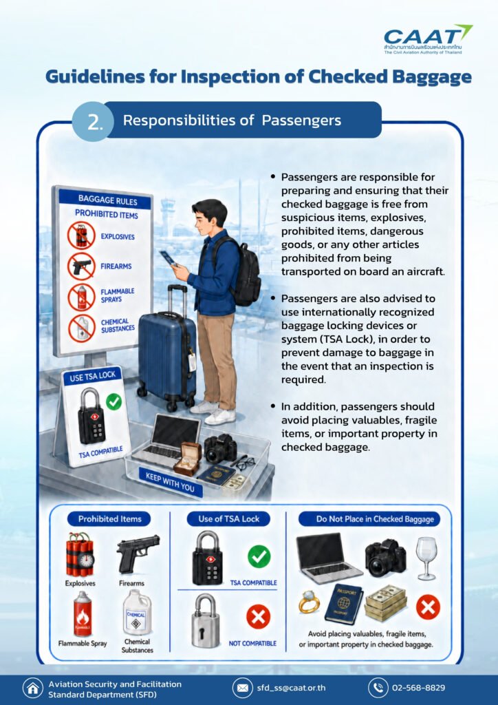 CAAT infographic advising passengers to check prohibited items, use TSA-compatible locks and keep valuables out of checked baggage.