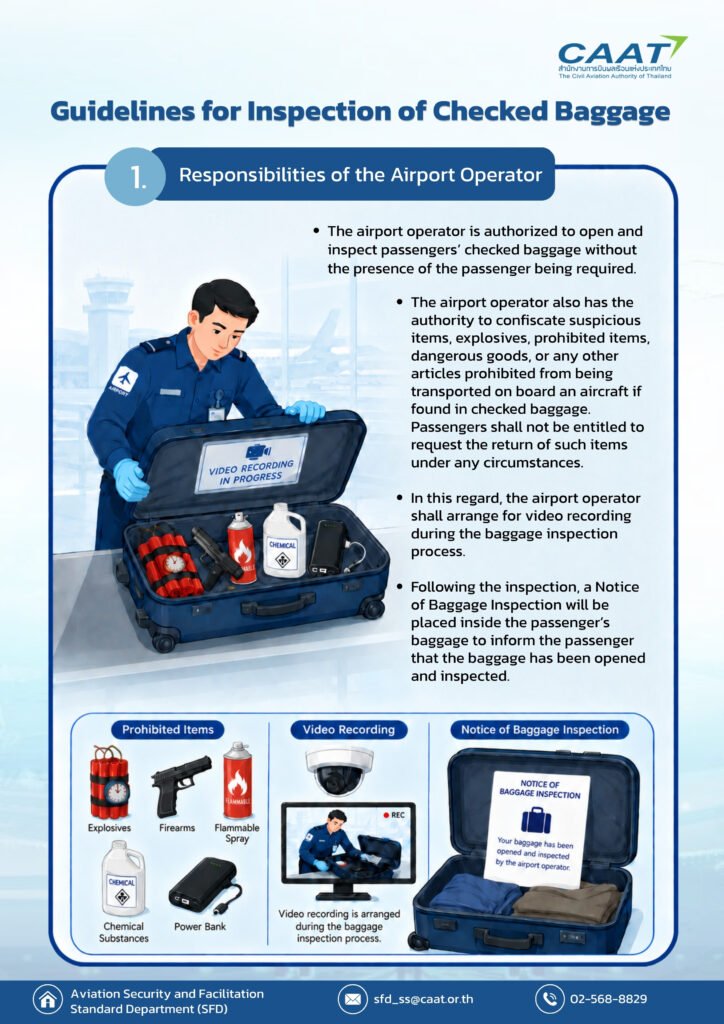 Airport security officer inspects checked baggage under video recording as part of CAAT’s enhanced screening procedures.
