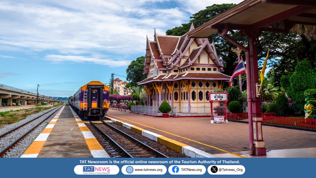 Train beside the historic royal pavilion at Hua Hin Railway Station