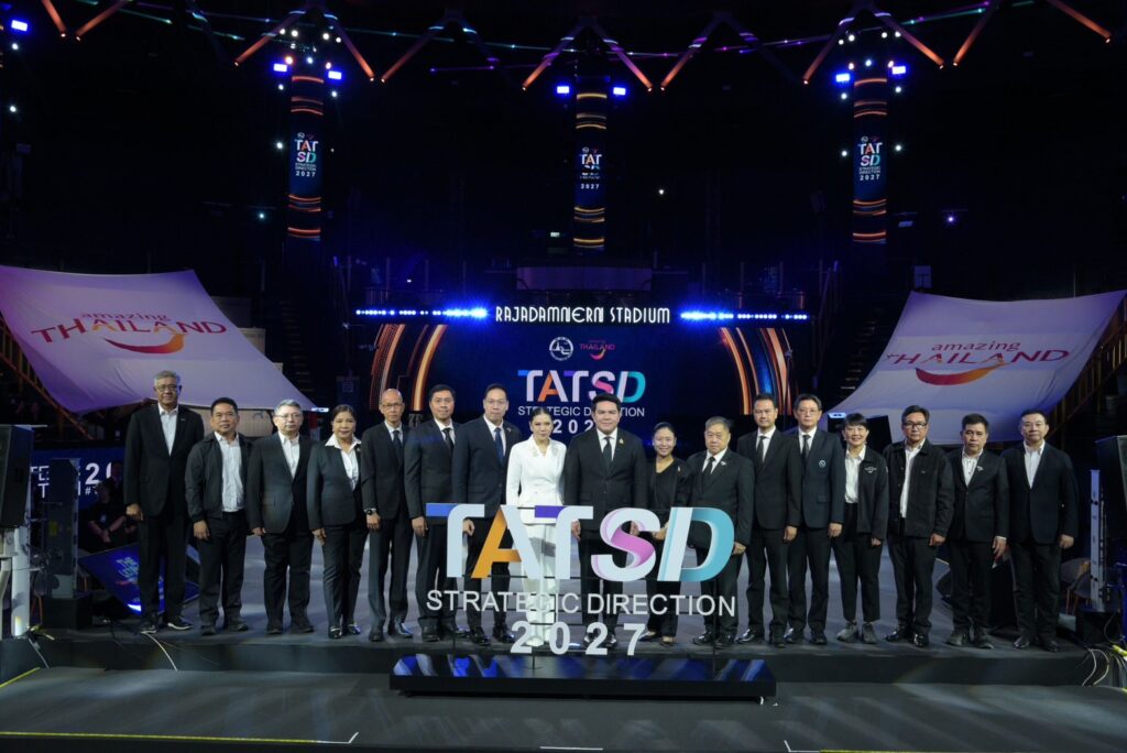 Minister of Tourism and Sports, TAT executives and private-sector partners at the Strategic Direction 2027 presentation at Rajadamnern Stadium