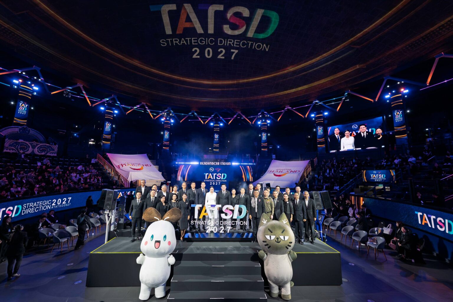 Minister of Tourism and Sports, TAT executives and private-sector partners mark the launch of Thailand’s 2027 tourism direction at Rajadamnern Stadium
