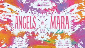 Colourful Bangkok Art Biennale 2026 Angels & Mara poster with event dates from 29 October 2026 to 28 February 2027.