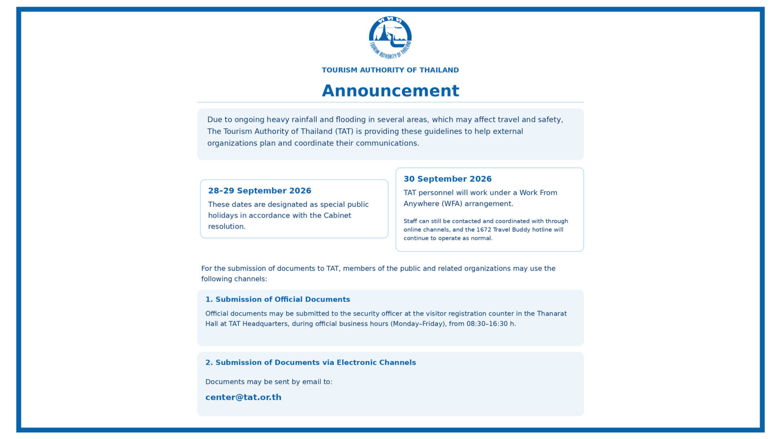 TAT announces special public holidays on 28–29 September 2026