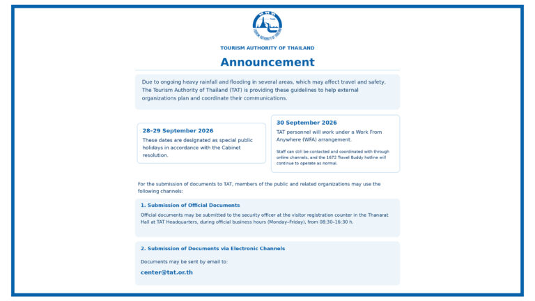TAT announces special public holidays on 28–29 September 2026