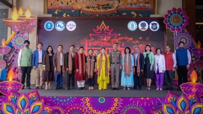 Group photo of TAT executives, government officials, and Indian community representatives at the Amazing Thailand Grand Diwali Festival 2025 launch ceremony in Bangkok.
