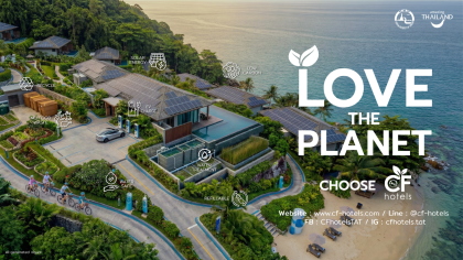 CF-Hotels low-carbon resort visual highlighting solar energy, recycling, EV charging, water treatment and green hotel practices.