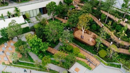 Aerial view of lush Roof Park at Central Park Bangkok with wooden walkways.