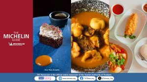 A collage showcasing Thailand’s Michelin Guide restaurants — from elegant fine dining to authentic street food — featuring dishes from Baan Tepa, Sorn, and Jay Fai that highlight sustainable Thai gastronomy.