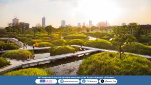 Sunset view of Benjakitti Park’s wetlands in Bangkok, with elevated walkways, lush green mounds, and the city skyline in the background.