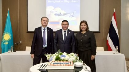 SCAT Airlines and Tourism Authority of Thailand officials mark the launch of the new Shymkent–Bangkok direct flight at a press conference in Bangkok.