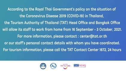 TAT announces an extension of working from home for Head Office and Bangkok Office