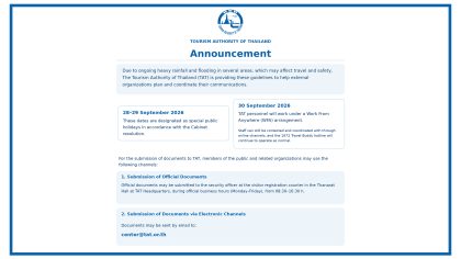 TAT announces special public holidays on 28–29 September 2026