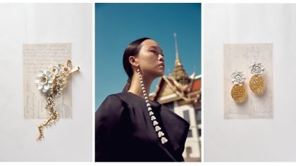 Model wearing SARRAN The Ambassador Collection earrings inspired by Ayutthaya heritage at New York Fashion Week Fall/Winter 2026.