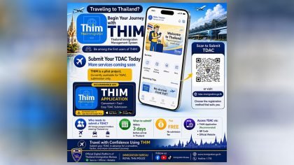 THIM Thailand Immigration Management app promoting TDAC submission for foreign travellers visiting Thailand via air, land, and sea.