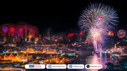 Aerial night view representing Thailand’s New Year countdown celebrations, with fireworks across a city skyline and riverfront landmarks, used to illustrate nationwide Amazing Thailand Countdown 2026 festivities.