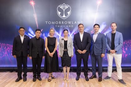 TAT executives and Tomorrowland representatives announce Tomorrowland Thailand 2026 at official launch event in Bangkok.